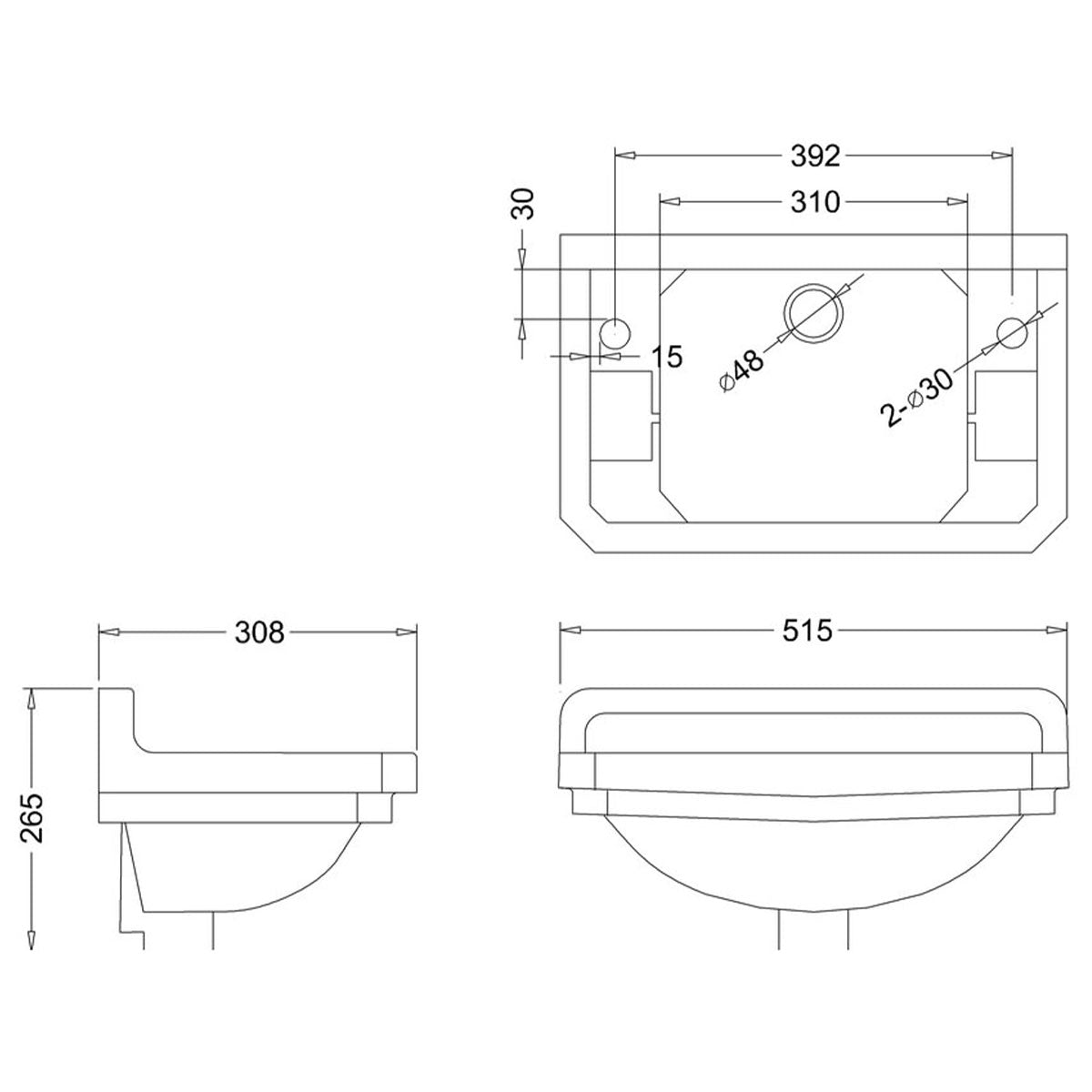 Burlington Edwardian 510 Cloakroom Washbasin Rectangular Diagram Deluxe Bathrooms Ireland