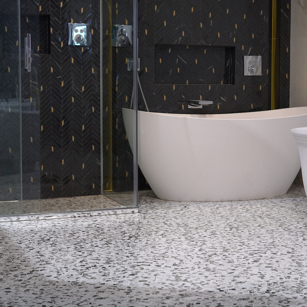 Calacatta Macchia Vecchia Terrazzo Effect Porcelain Tile 60x120cm Gloss