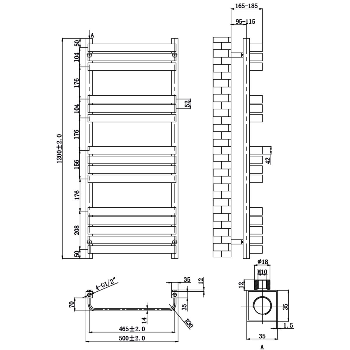 Camden Brushed Brass Designer Flat Tube Heated Towel Rail 1200x500mm dimensions