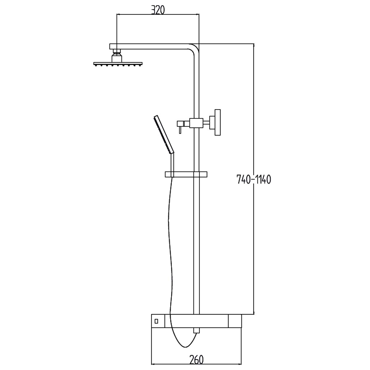 Camden Dual Outlet Exposed Thermostatic Shower Bar Valve With Rigid Riser Handset and Shower Head Dimensions