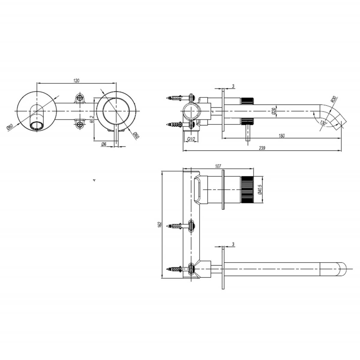 Crosswater 3ONE6 2 Hole Wall Mounted Basin Mixer Tap - 316 Stainless Steel Dimensions