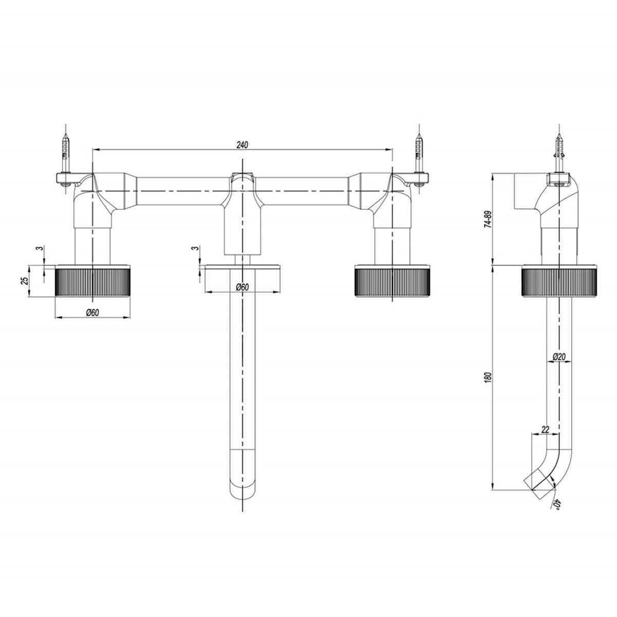 Crosswater 3ONE6 3 Hole Wall Mounted Basin Mixer Tap - Dimensions