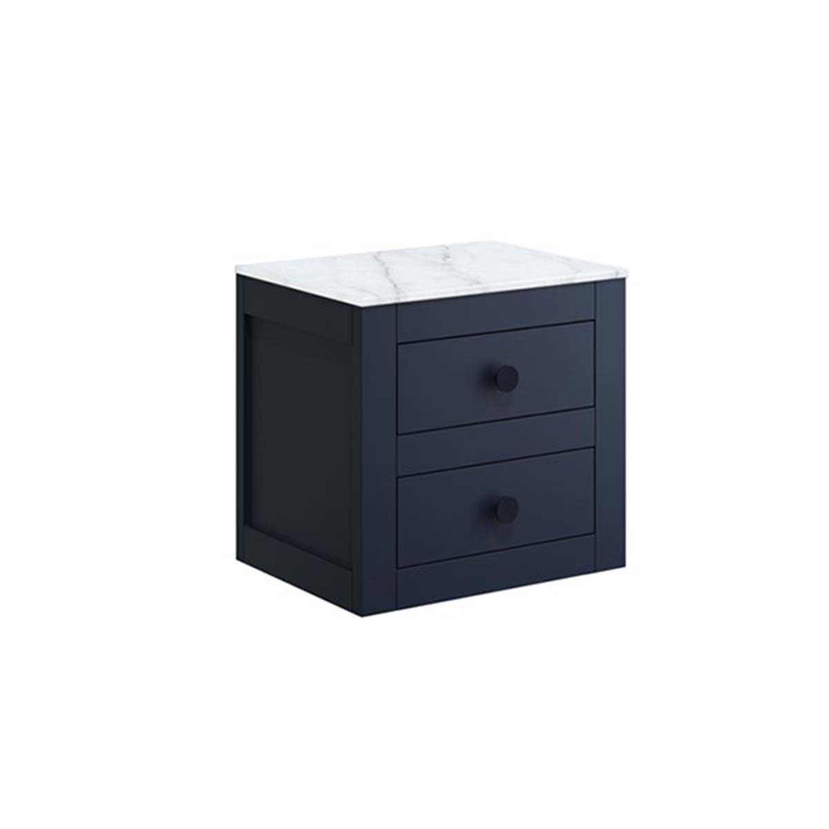 crosswater canvass 2 drawer wall hung vanity unit with carrara marble effect worktop deep indigo blue