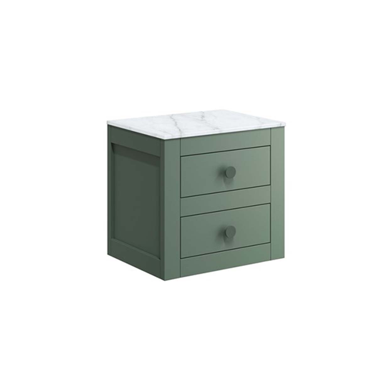 crosswater canvass 2 drawer wall hung vanity unit with carrara marble effect worktop sage green