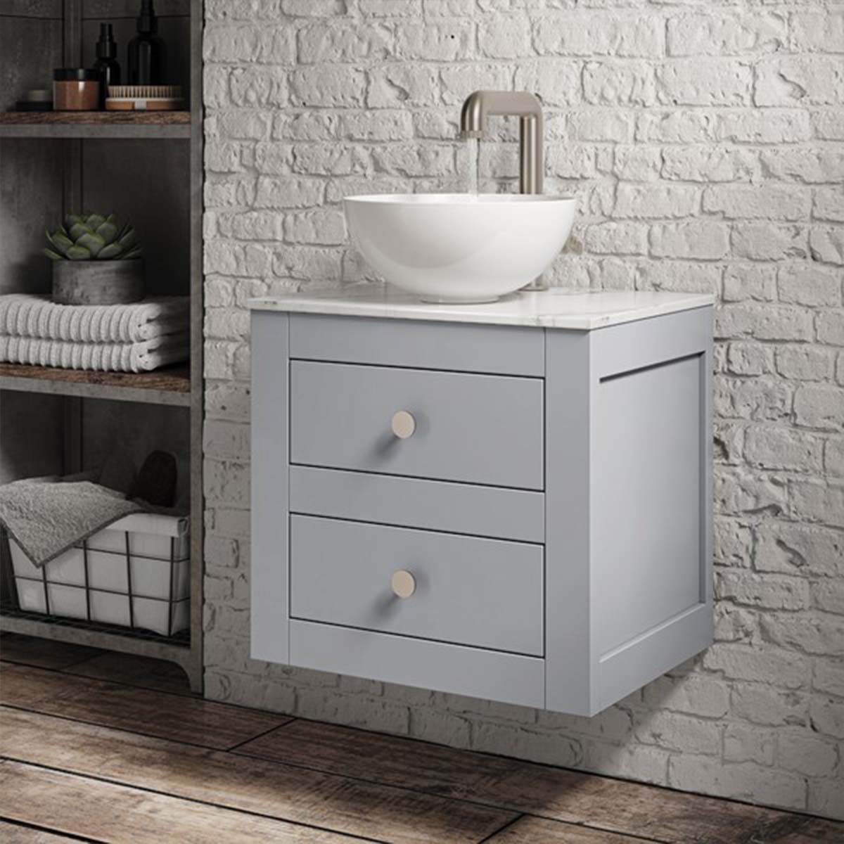 crosswater canvass 2 drawer wall hung vanity unit with carrara marble effect worktop storm grey matt