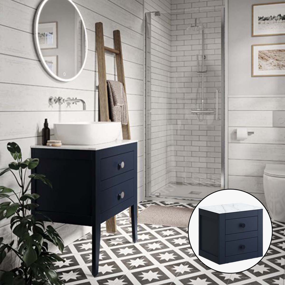 crosswater canvass 2 drawer wall hung vanity unit with carrara marble effect worktop deep indigo blue