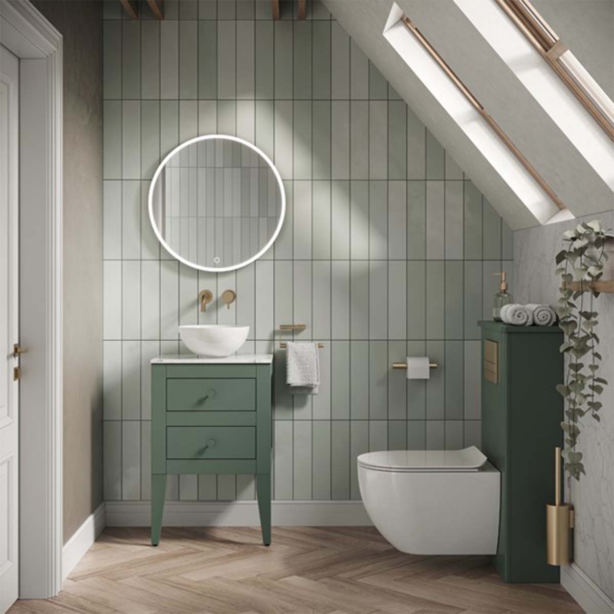 crosswater canvass 2 drawer wall hung vanity unit with carrara marble effect worktop sage green