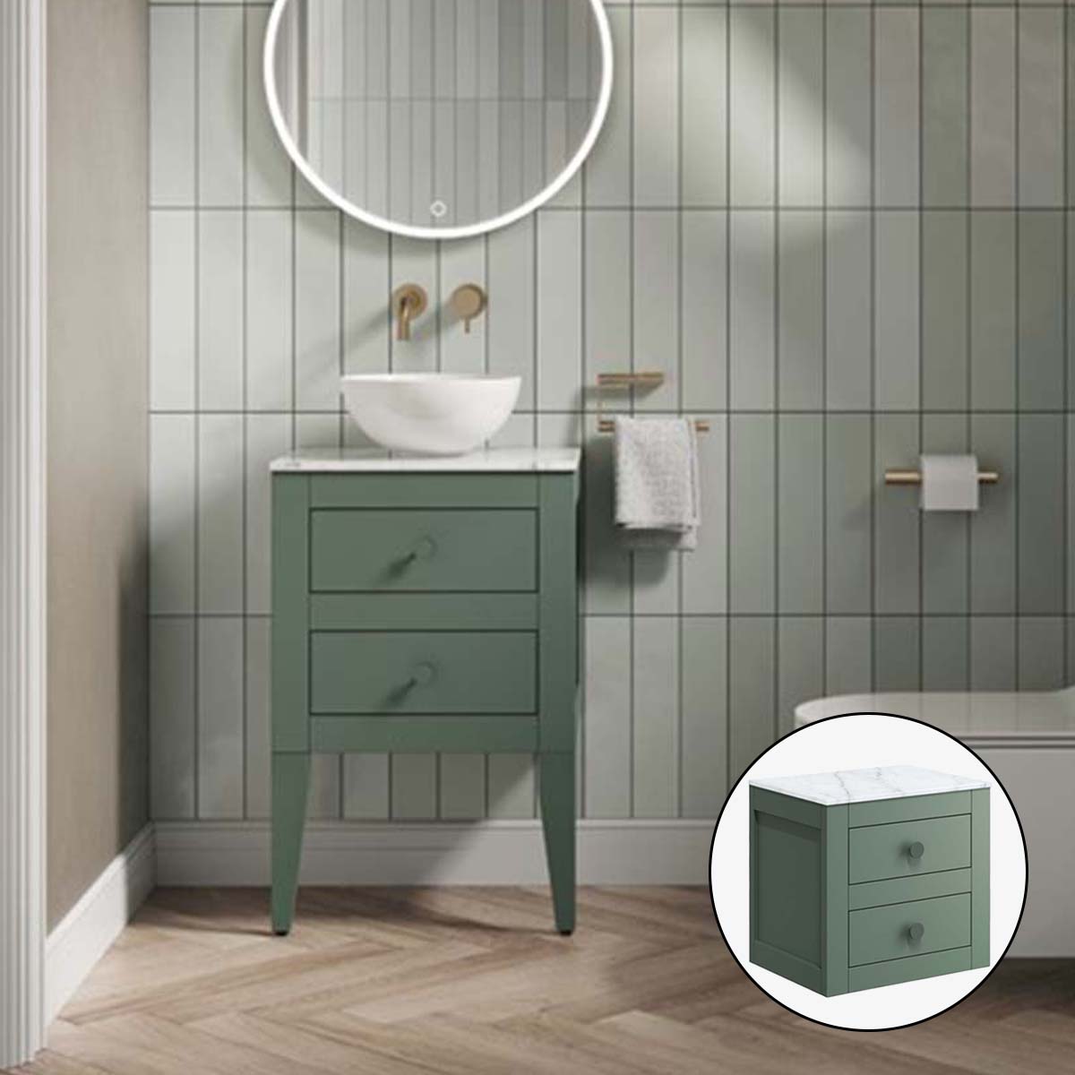 crosswater canvass 2 drawer wall hung vanity unit with carrara marble effect worktop sage green
