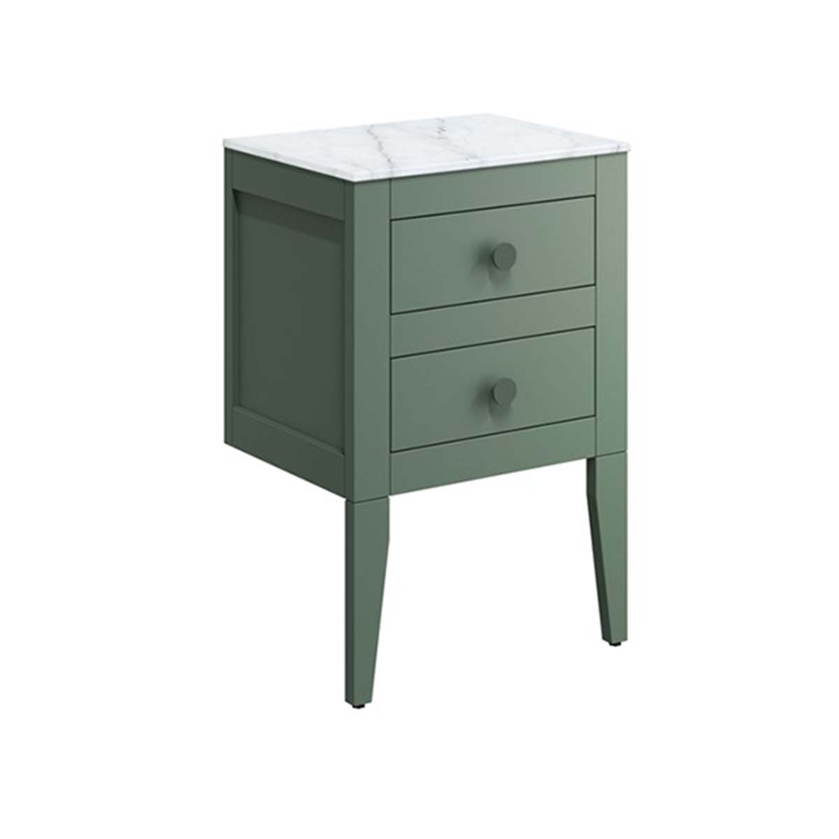 crosswater canvass 2 drawer wall hung vanity unit with carrara marble effect worktop sage green