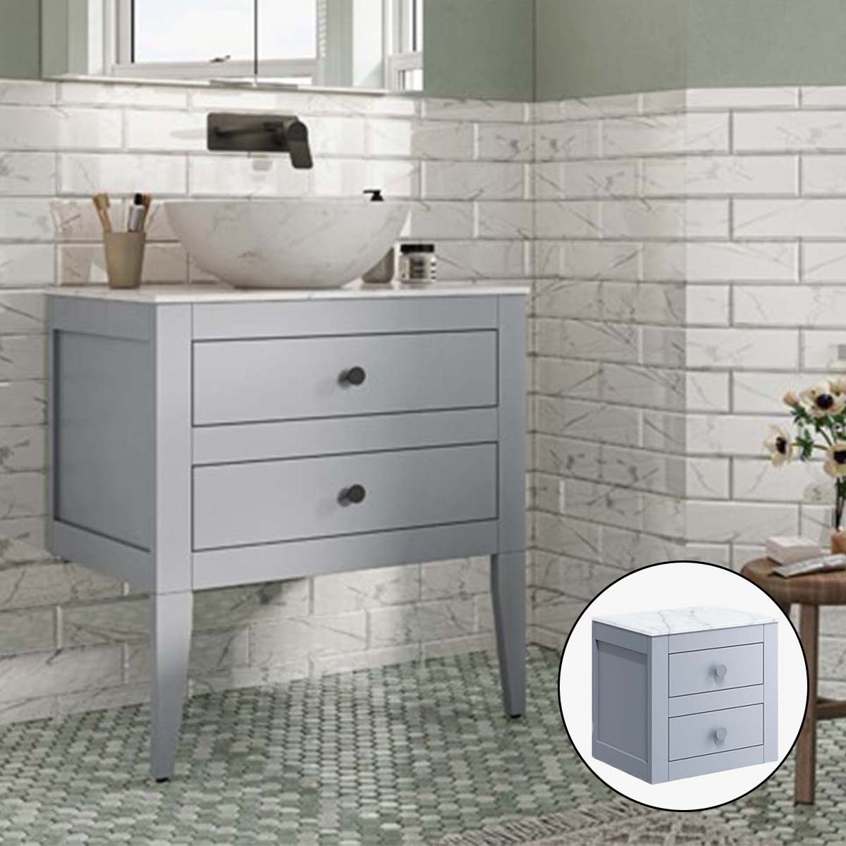 crosswater canvass 2 drawer wall hung vanity unit with carrara marble effect worktop storm grey matt