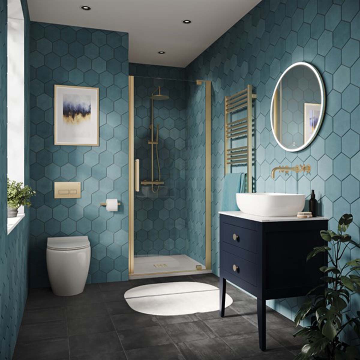 crosswater canvass 2 drawer wall hung vanity unit with carrara marble effect worktop deep indigo blue