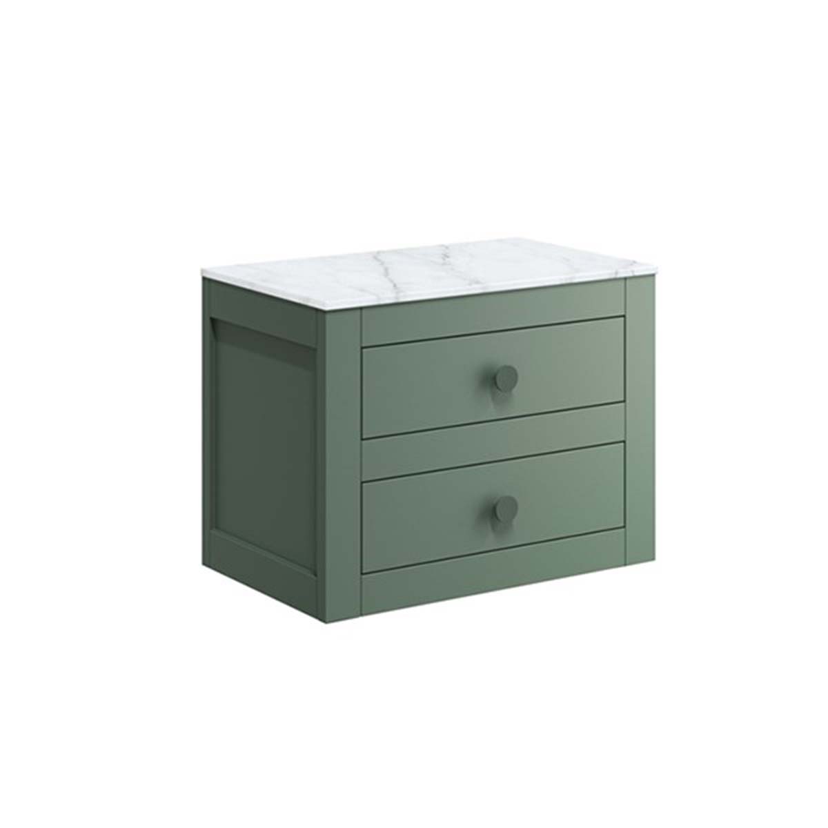 crosswater canvass 2 drawer wall hung vanity unit with carrara marble effect worktop sage green