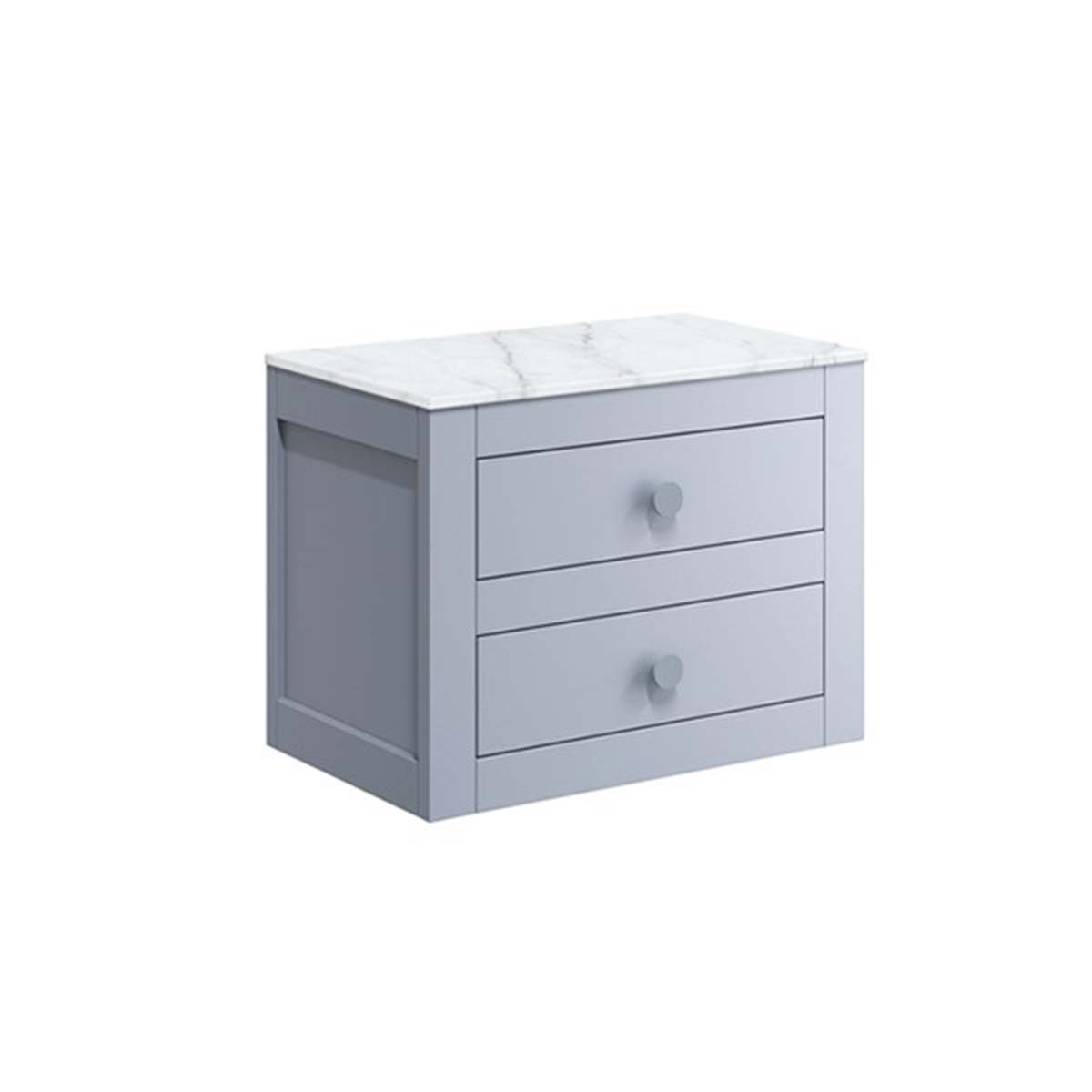 crosswater canvass 2 drawer wall hung vanity unit with carrara marble effect worktop storm grey matt