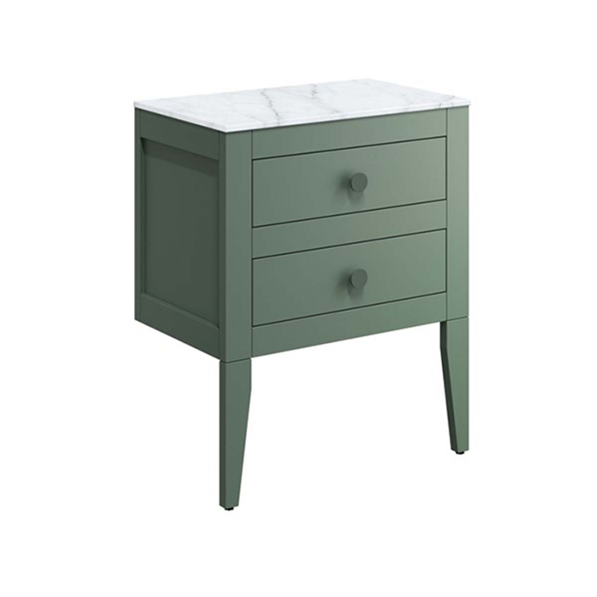 crosswater canvass 2 drawer wall hung vanity unit with carrara marble effect worktop sage green