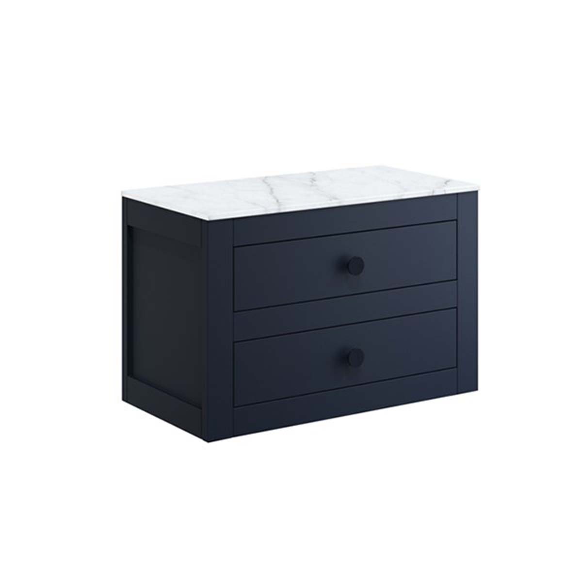 crosswater canvass 2 drawer wall hung vanity unit with carrara marble effect worktop deep indigo blue