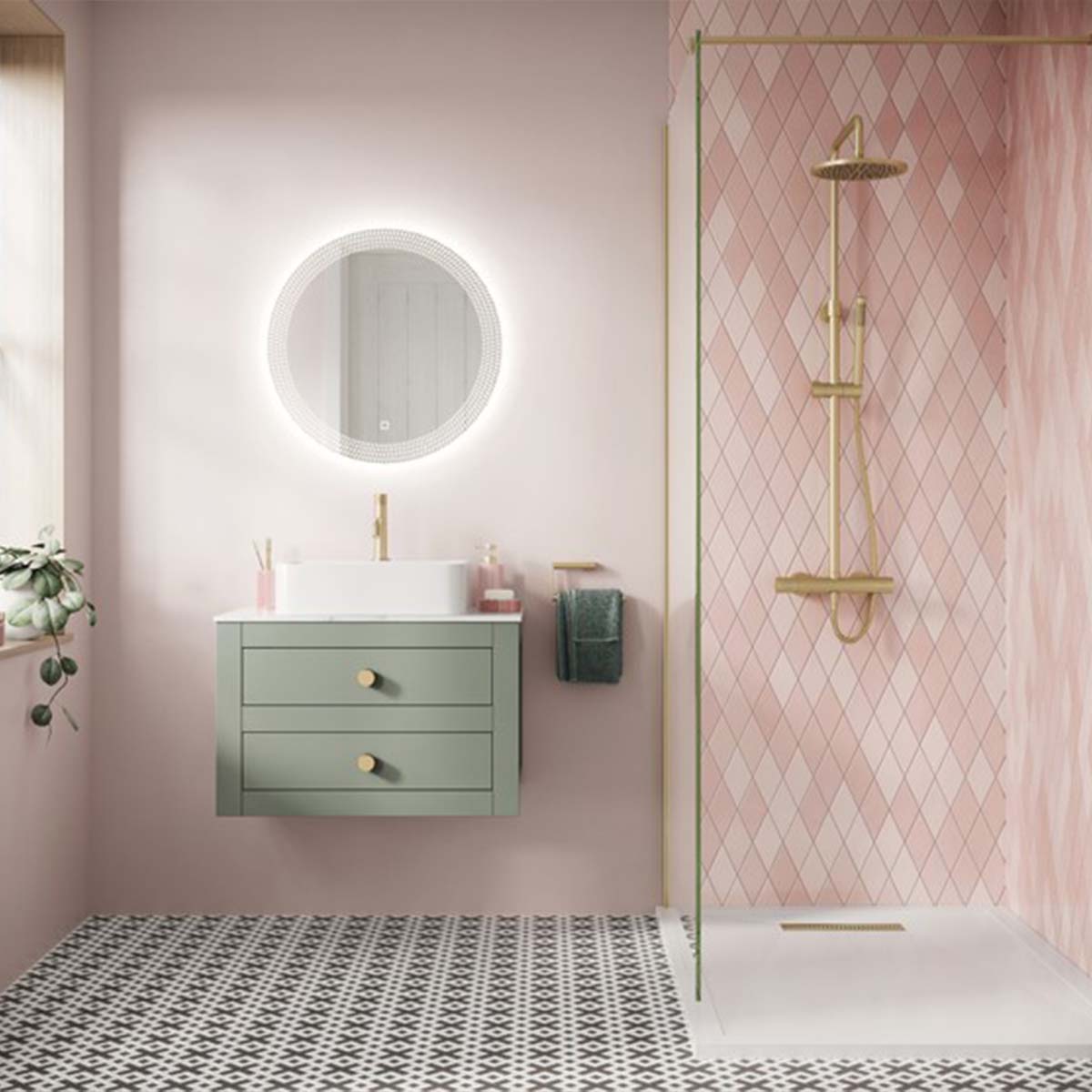 crosswater canvass 2 drawer wall hung vanity unit with carrara marble effect worktop sage green