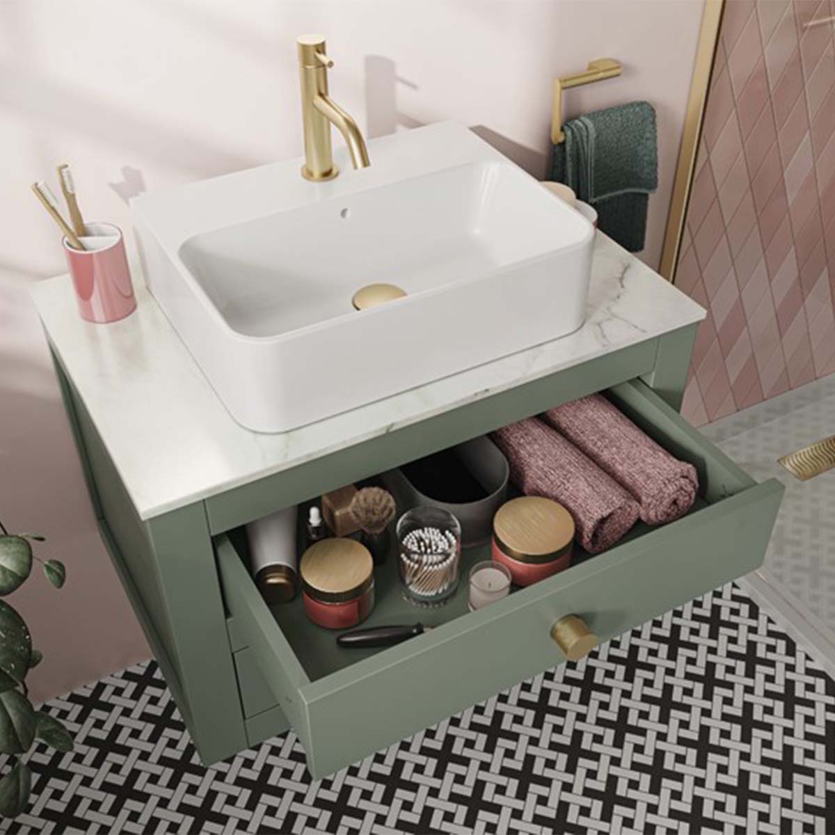 crosswater canvass 2 drawer wall hung vanity unit with carrara marble effect worktop sage green