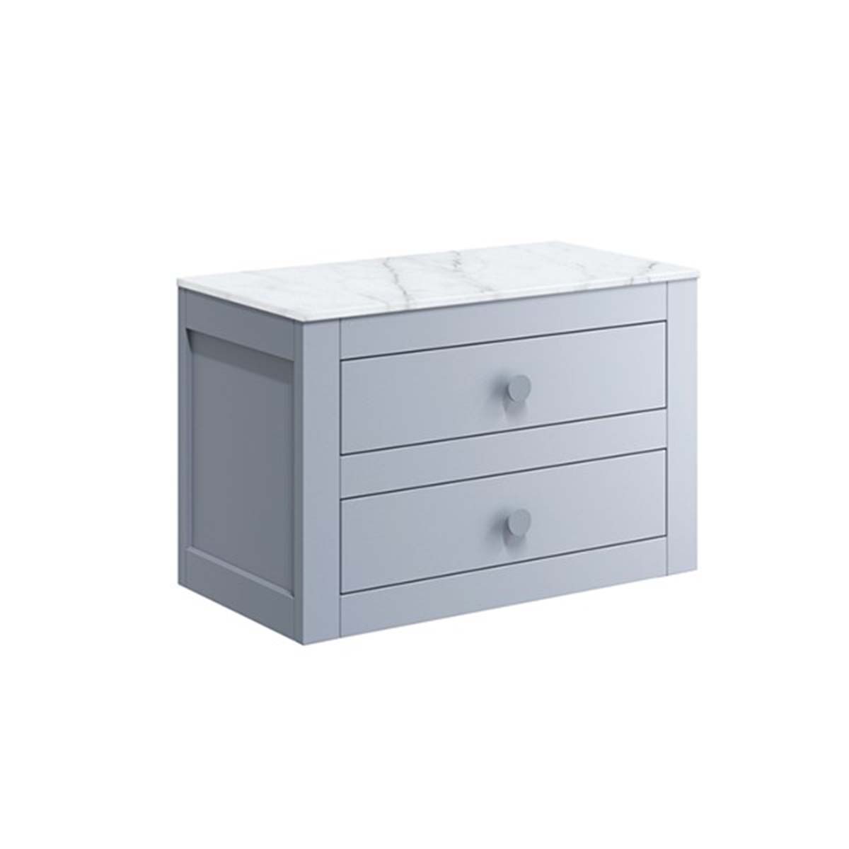 crosswater canvass 2 drawer wall hung vanity unit with carrara marble effect worktop storm grey matt