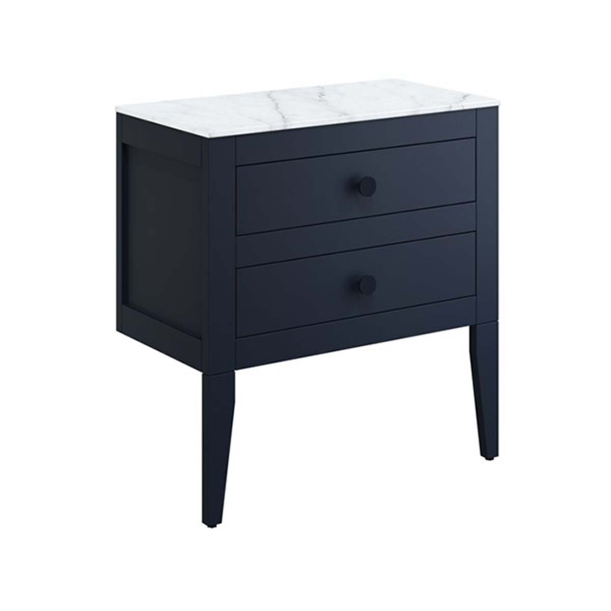 crosswater canvass 2 drawer wall hung vanity unit with carrara marble effect worktop deep indigo blue