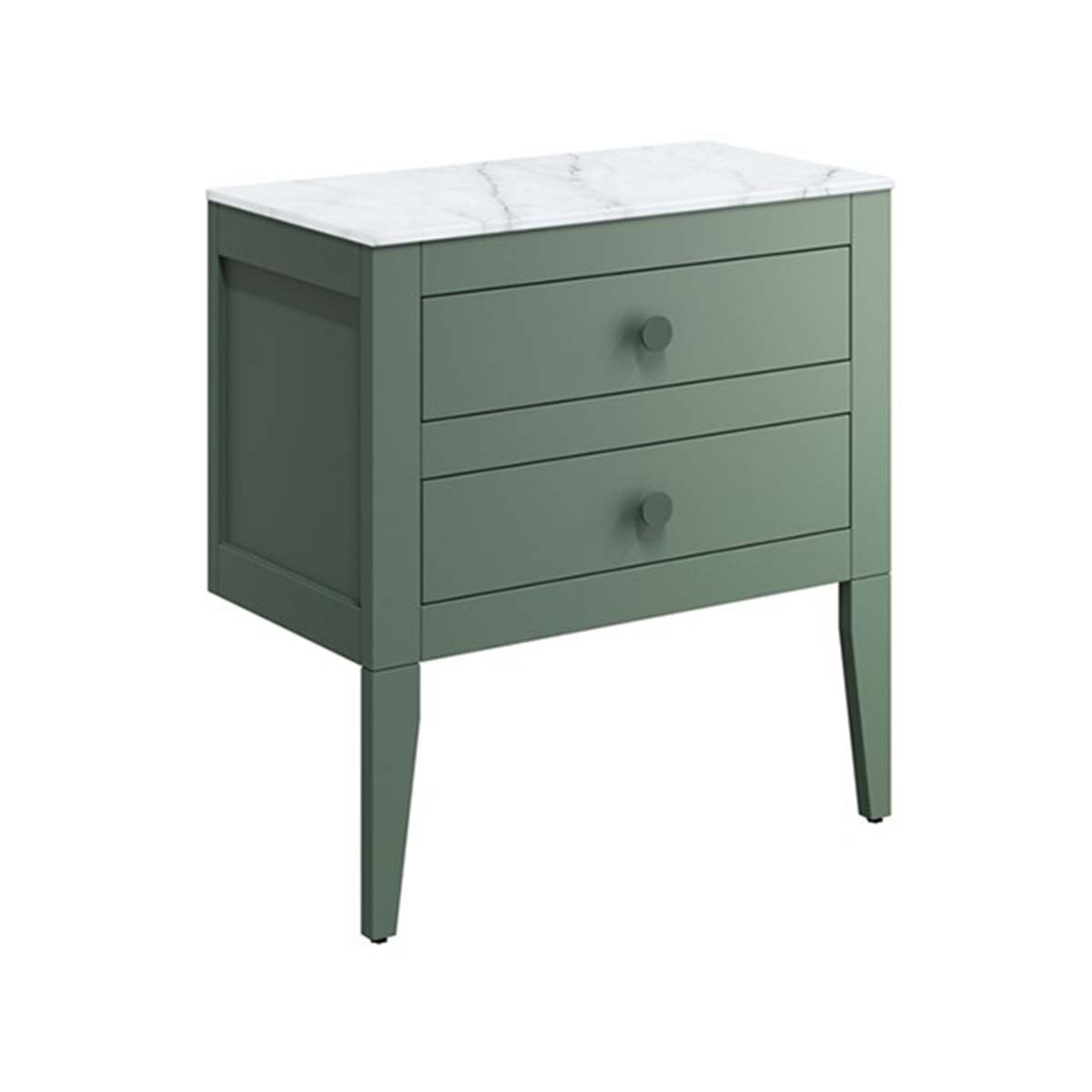 crosswater canvass 2 drawer wall hung vanity unit with carrara marble effect worktop sage green