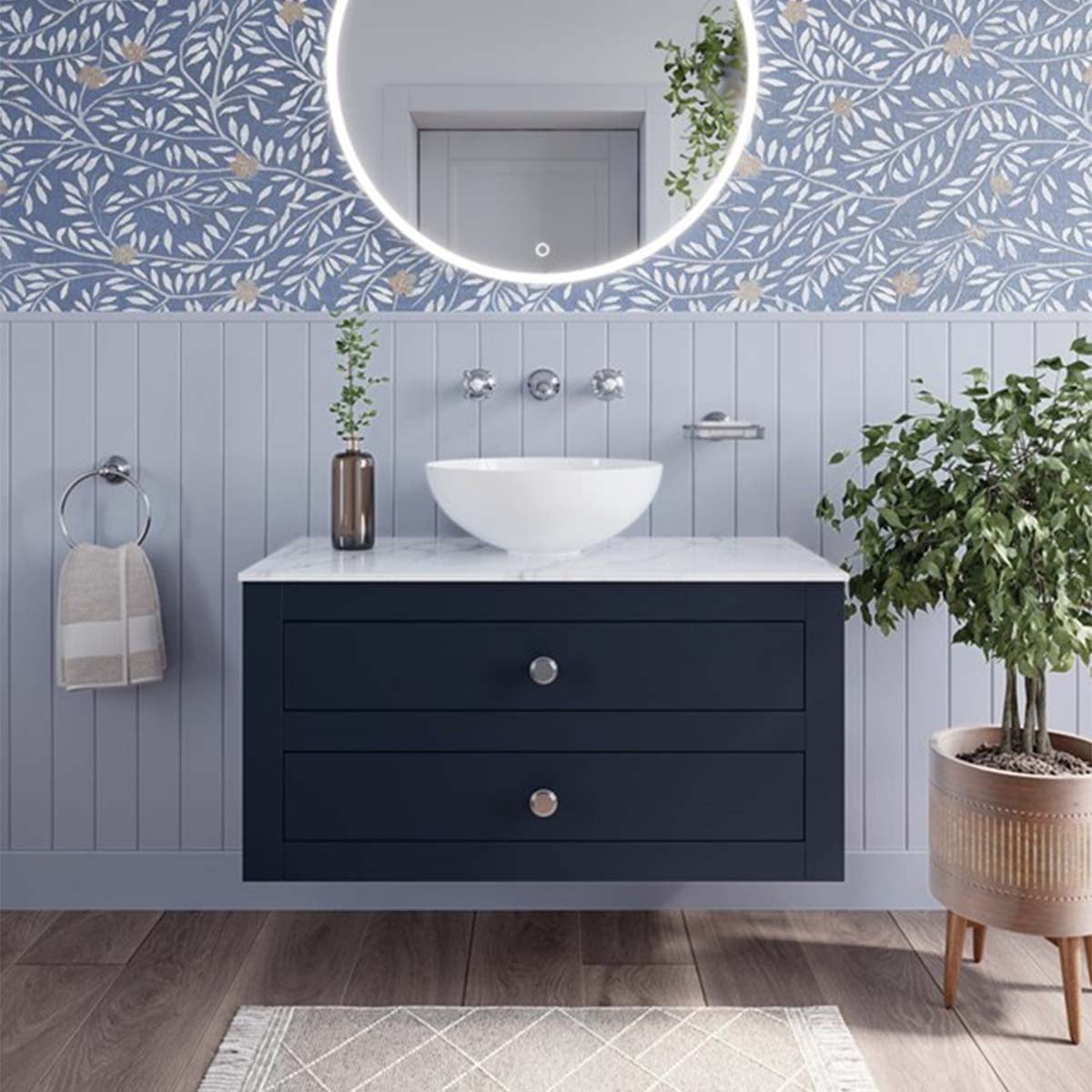 crosswater canvass 2 drawer wall hung vanity unit with carrara marble effect worktop deep indigo blue