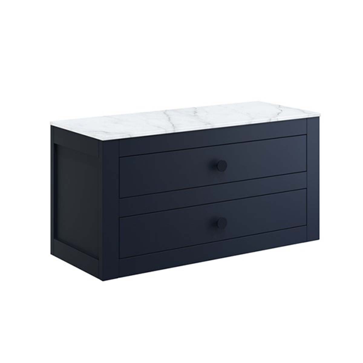 crosswater canvass 2 drawer wall hung vanity unit with carrara marble effect worktop deep indigo blue