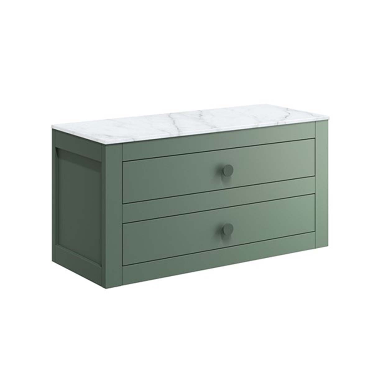 crosswater canvass 2 drawer wall hung vanity unit with carrara marble effect worktop sage green