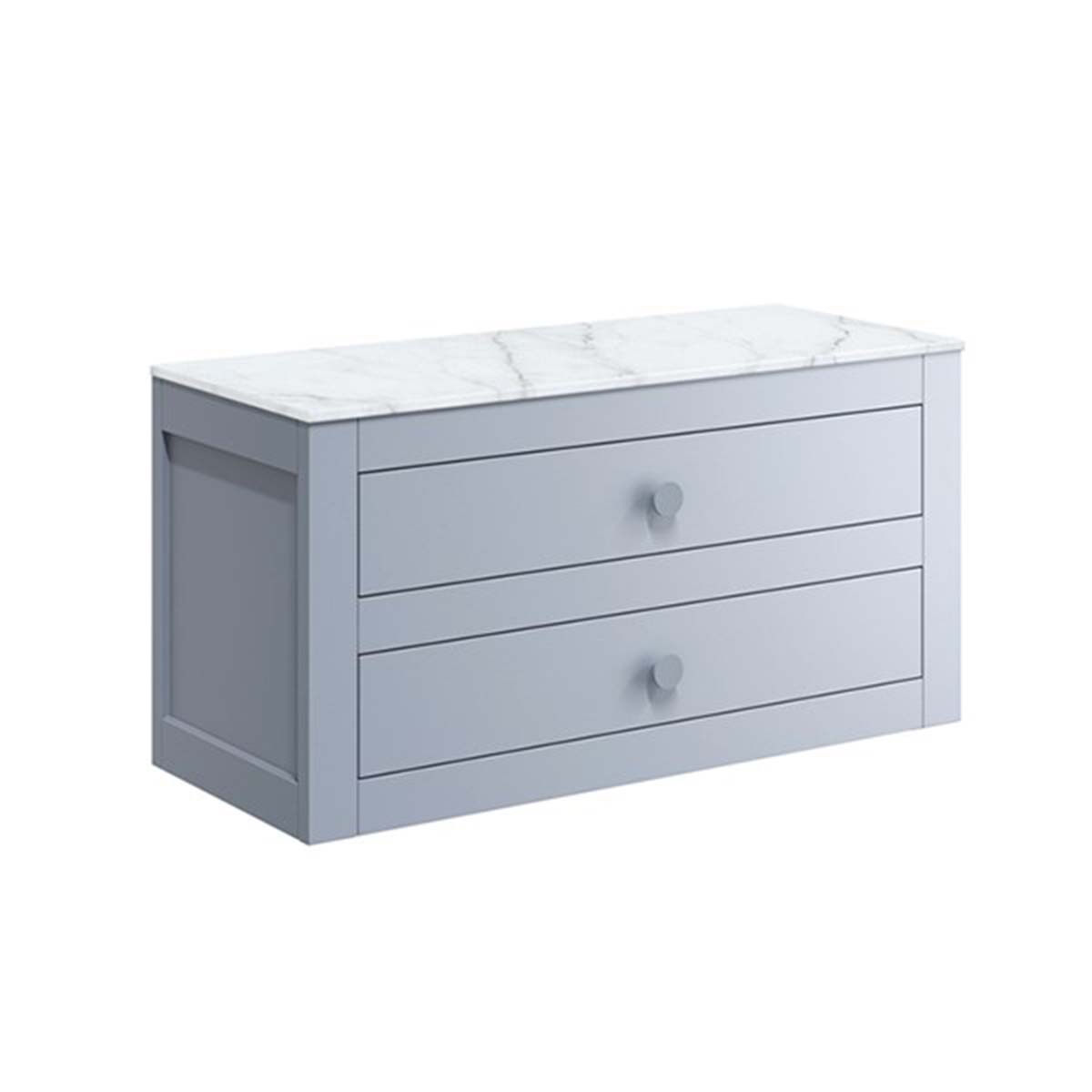 crosswater canvass 2 drawer wall hung vanity unit with carrara marble effect worktop storm grey matt
