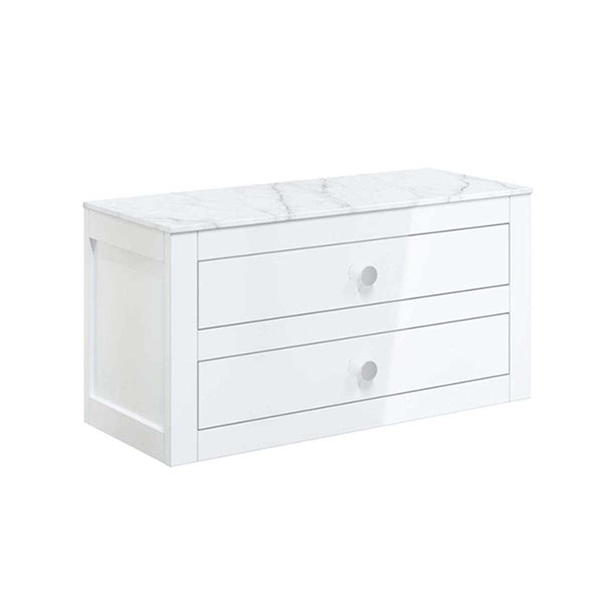 crosswater canvass 2 drawer wall hung vanity unit with carrara marble effect worktop white gloss