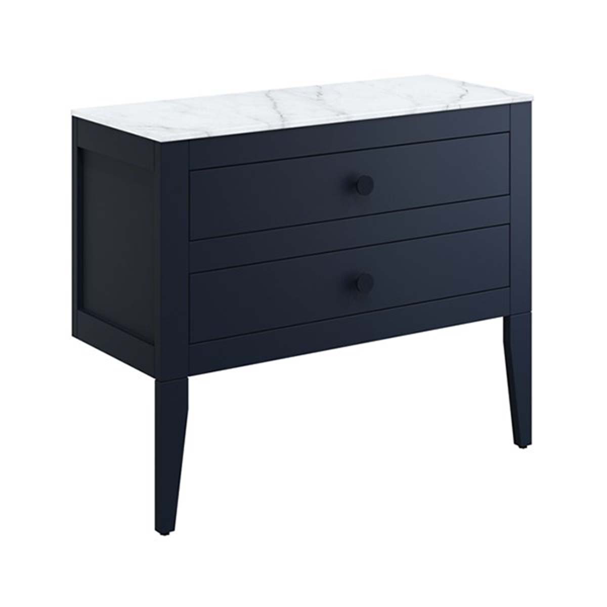 crosswater canvass 2 drawer wall hung vanity unit with carrara marble effect worktop deep indigo blue