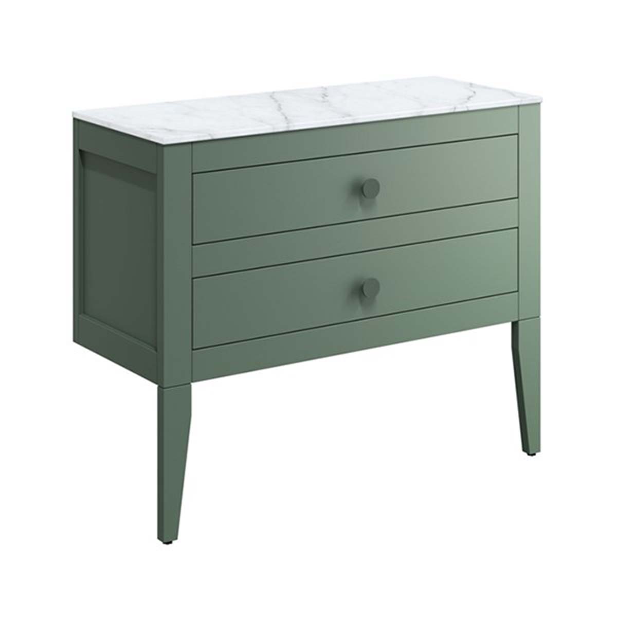 crosswater canvass 2 drawer wall hung vanity unit with carrara marble effect worktop sage green