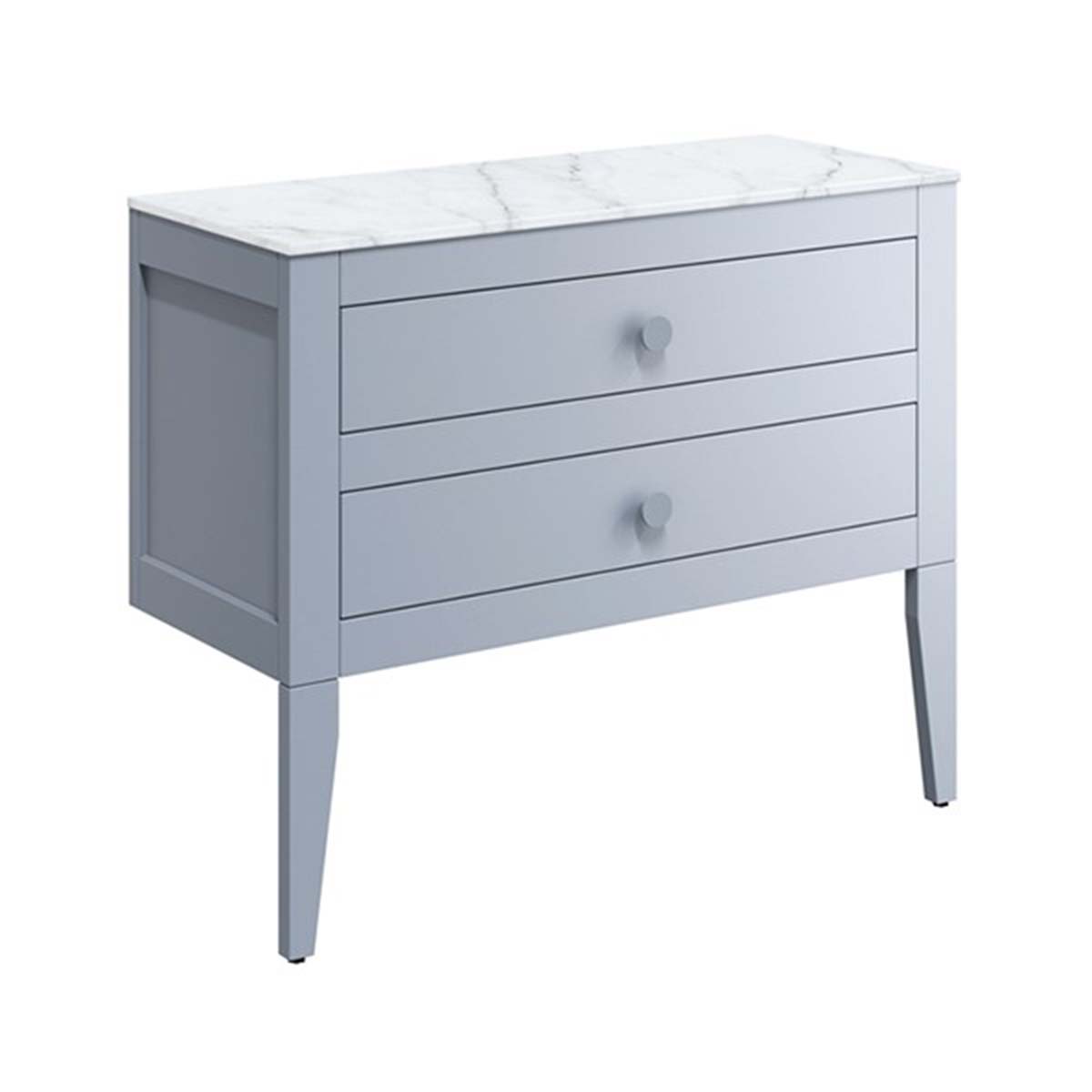 crosswater canvass 2 drawer wall hung vanity unit with carrara marble effect worktop storm grey matt