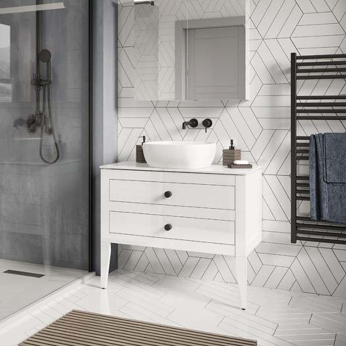 crosswater canvass 2 drawer wall hung vanity unit with carrara marble effect worktop white gloss lifestyle Close