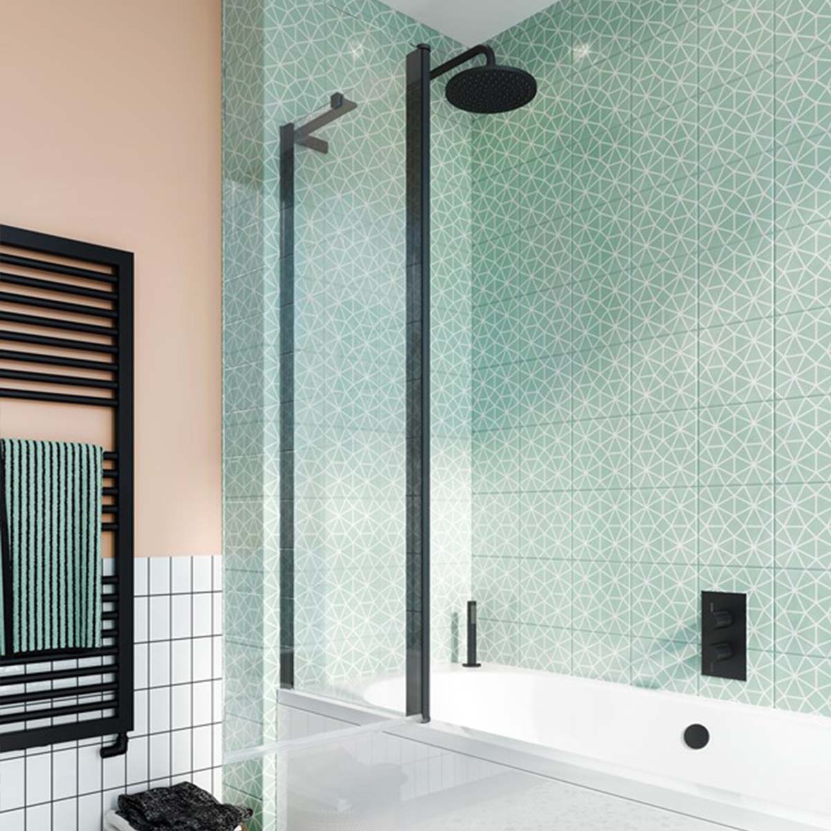 Crosswater Design 8 Double Panel Hinged Bath Screen Black Open