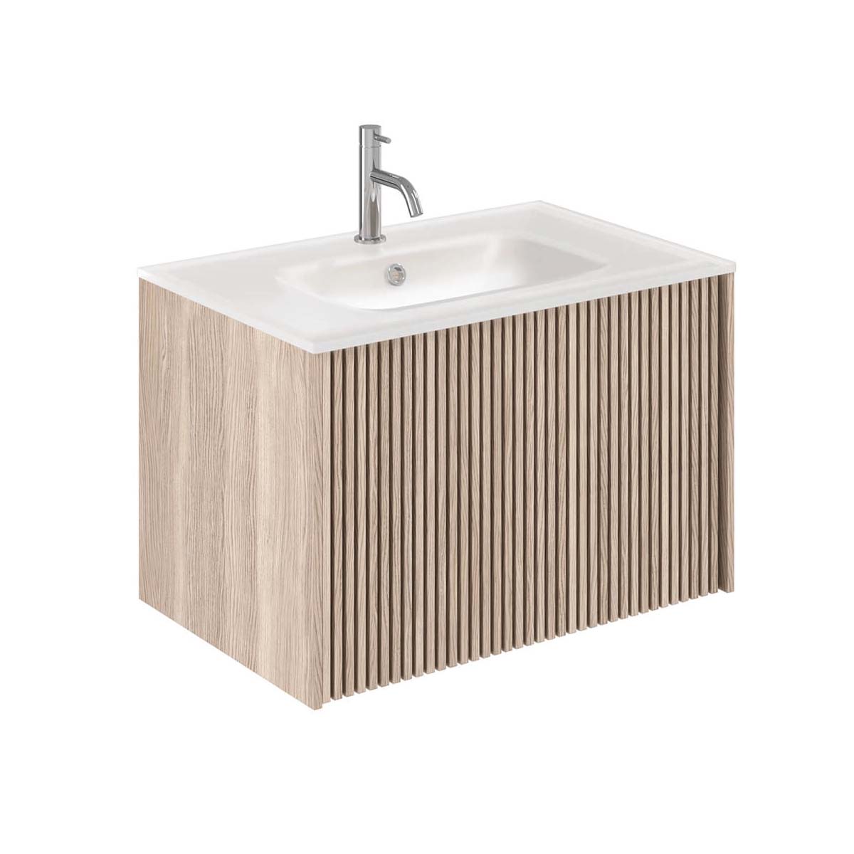 Crosswater Limit 700mm Single Drawer Wall Hung Vanity Unit With Ice White Glass Basin Modern Oak