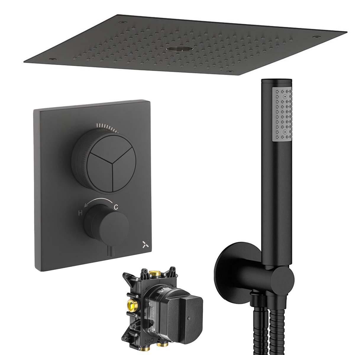 Crosswater MPRO 3 Outlet Push Button Thermostatic Shower Valve-With-Pencil-Handset and Fixed Overhead Matt Black