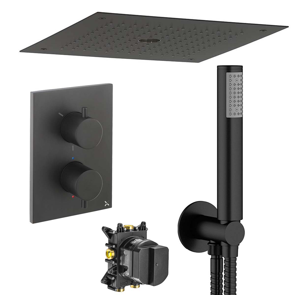 Crosswater MPRO 3 Outlet Thermostatic Shower Valve With Pencil Handset and Fixed Overhead Matt Black