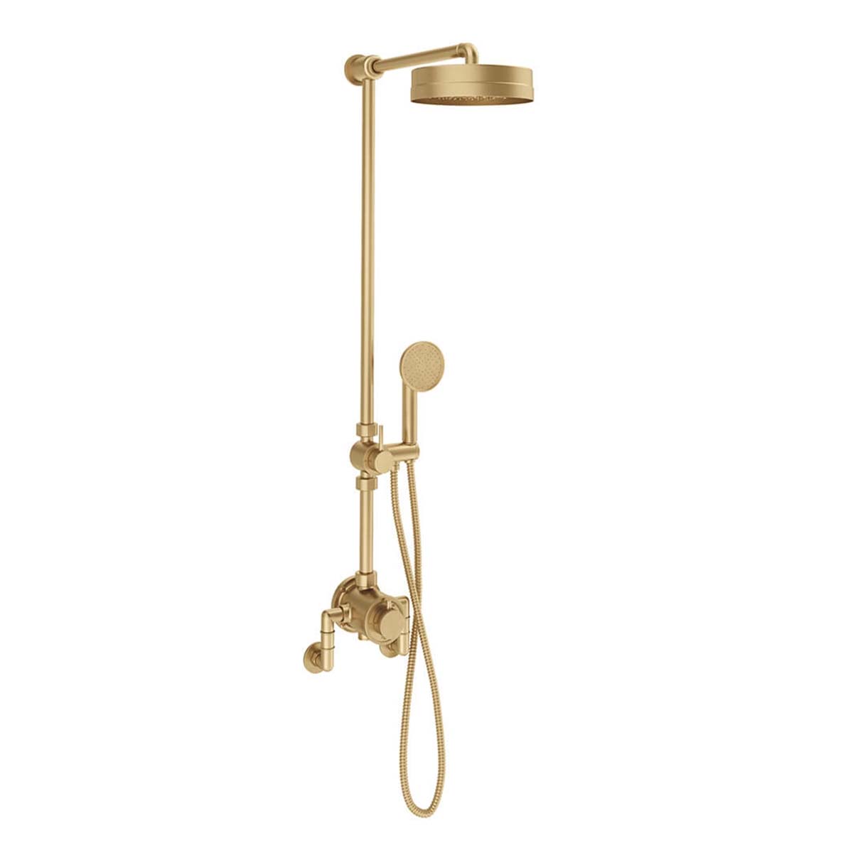 Crosswater MPRO Industrial Dual Outlet Valve With Rigid Riser and Shower Set With Overhead Unlacquered Brass