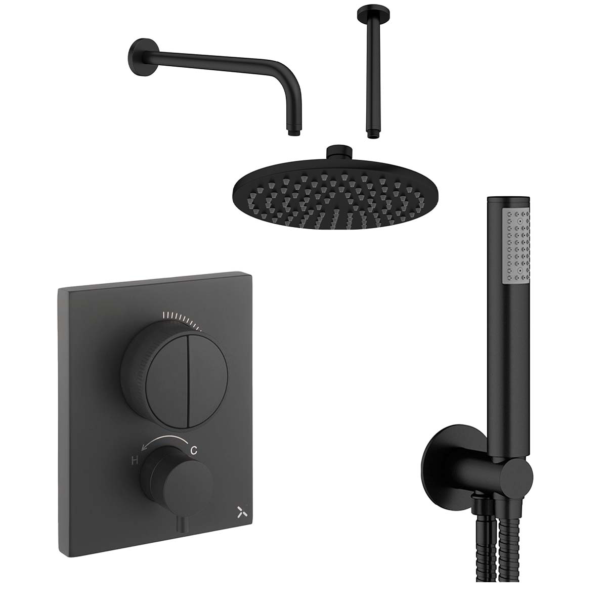 Crosswater MPRO Push Dual Outlet Thermostatic Shower Valve With Pencil Handset and Fixed Overhead Matt Black