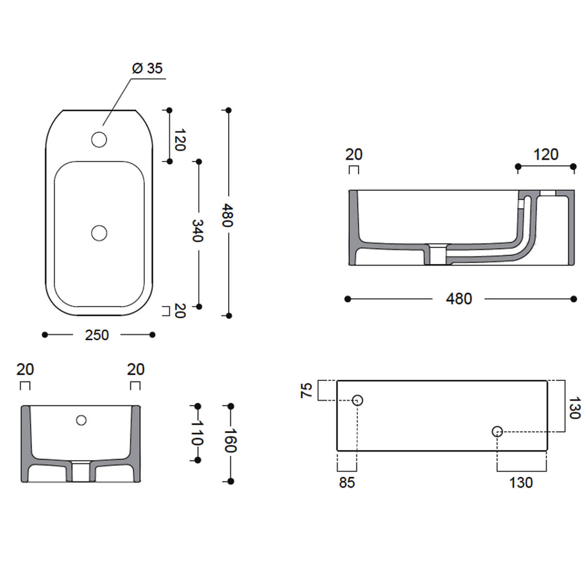 Crosswater Popolo Cloakroom Basin Diagram