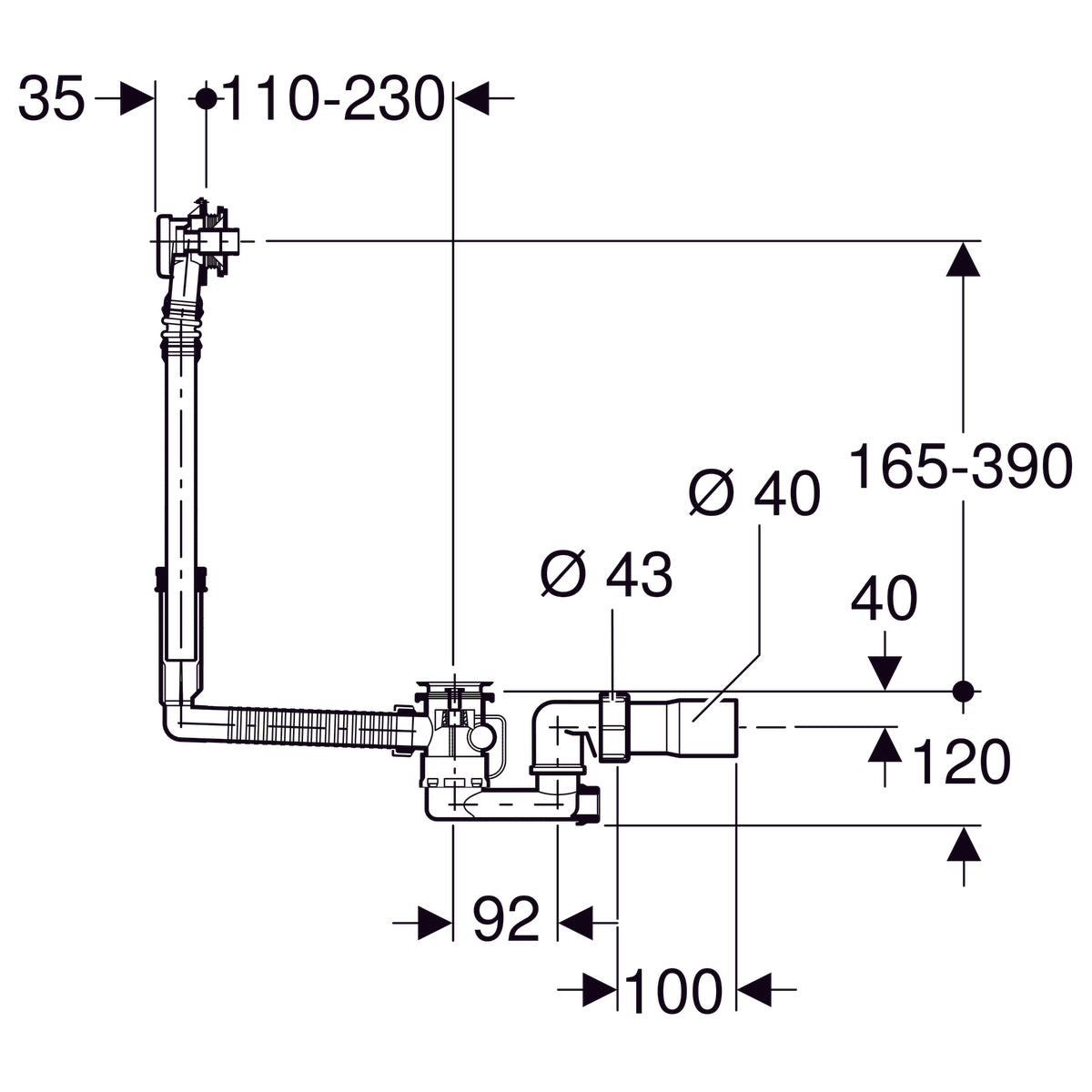 Geberit Bath Trap With Overflow And Pop-Up Dimensions