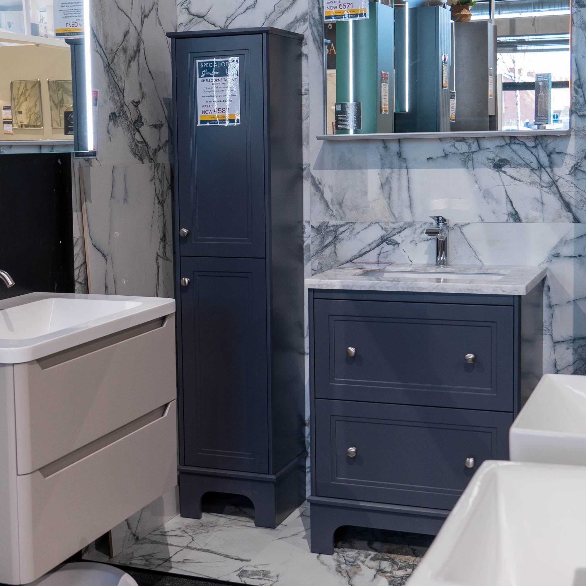 Granlusso Shelbourne 650 Floorstanding Marble Top Vanity Unit with Basin - Midnight Grey