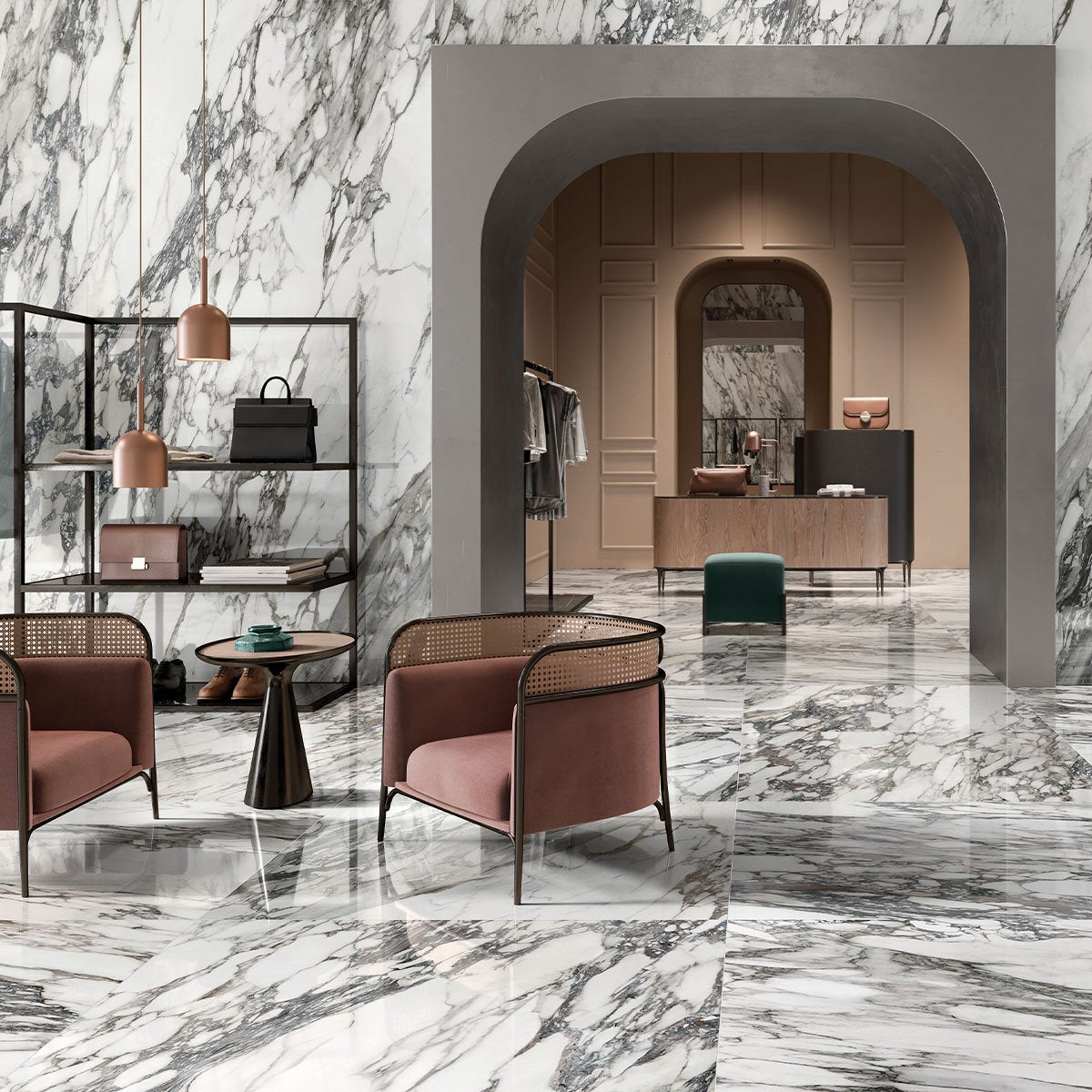 Deluxe Calacatta Macchia Vecchia Marble Effect Porcelain Tile Feature