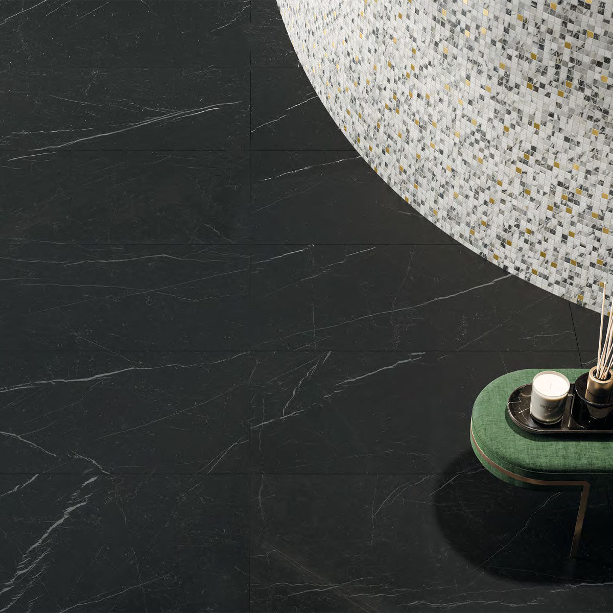Deluxe Nero Marquinia Marble Effect Porcelain Tile Feature