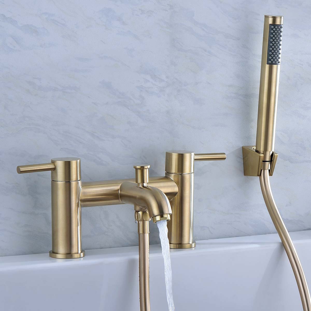 Deluxe Pembroke Deck Mounted Bath Shower Mixer With Handset Brushed Brass