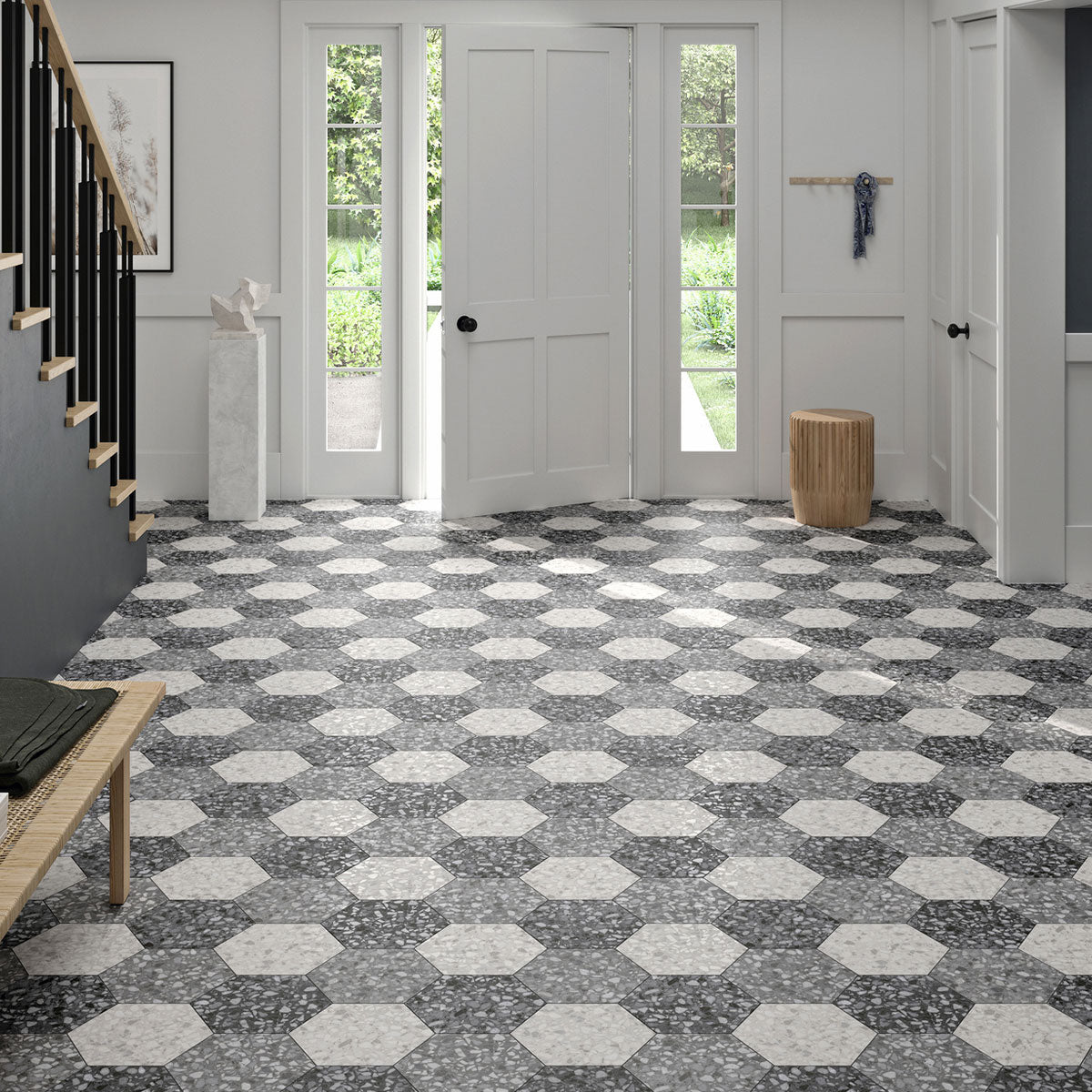Deluxe Terrazzo Black Hexagonal Porcelain Tile Matt Feature