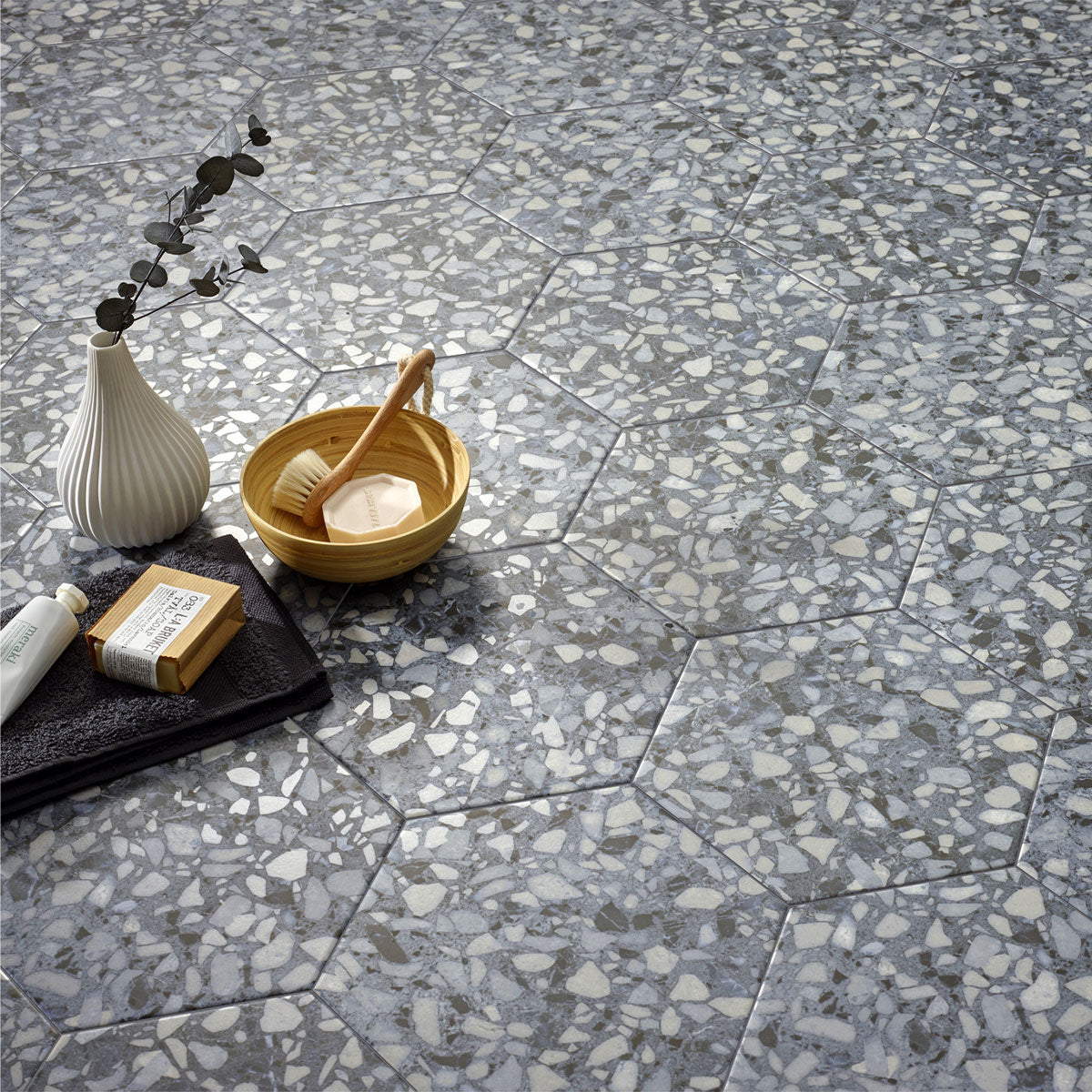 Deluxe Terrazzo Blue Hexagonal Porcelain Tile Matt Feature