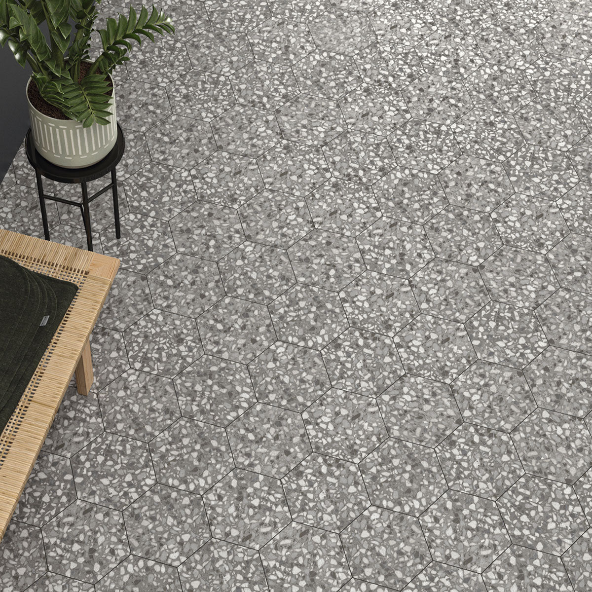 Deluxe Terrazzo Grey Hexagonal Porcelain Tile Matt Feature