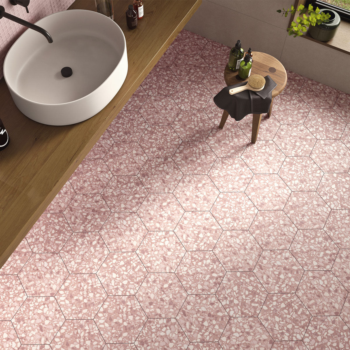 Deluxe Terrazzo Rose Hexagonal Porcelain Tile Matt Feature