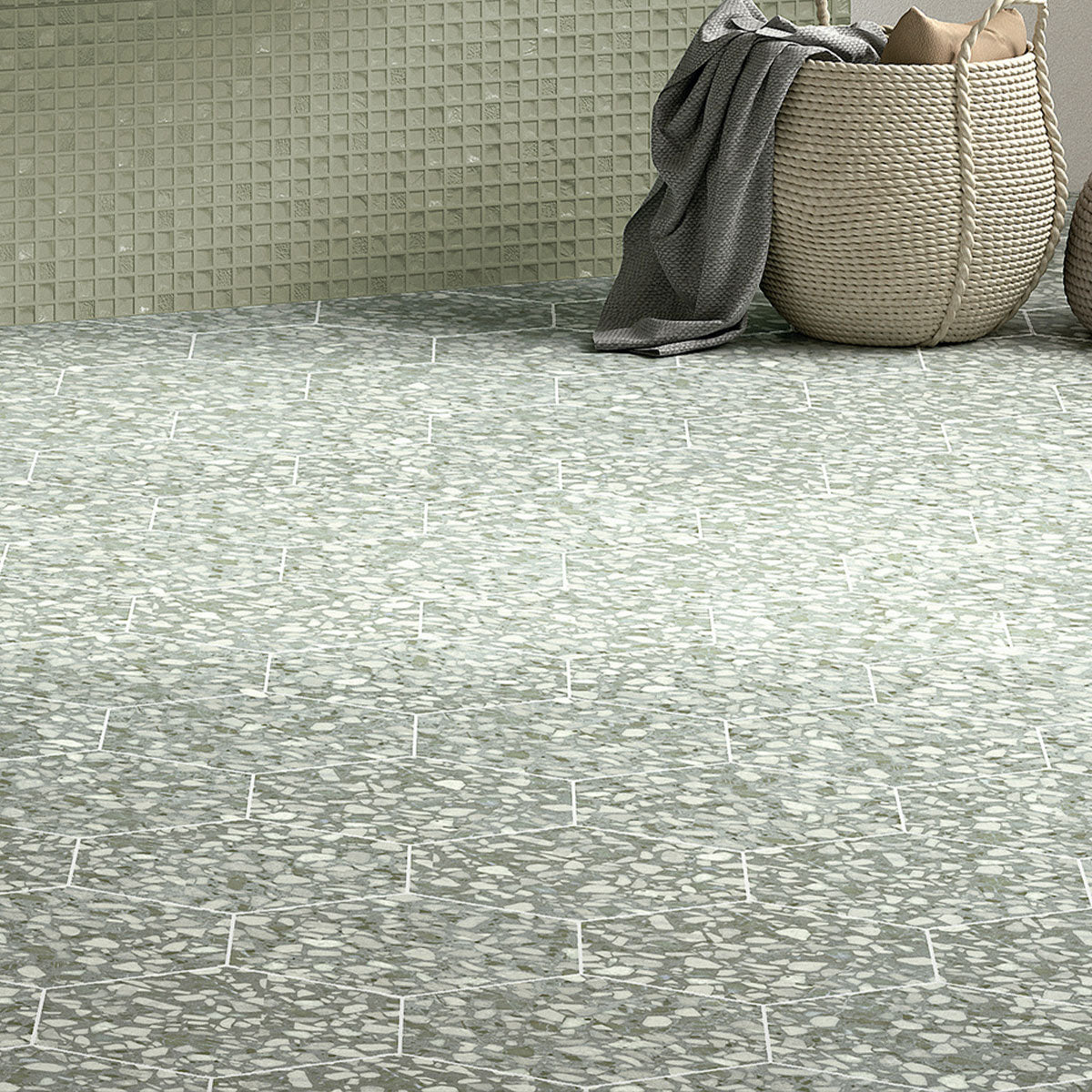Deluxe Terrazzo Sage Hexagonal Porcelain Tile Matt Feature